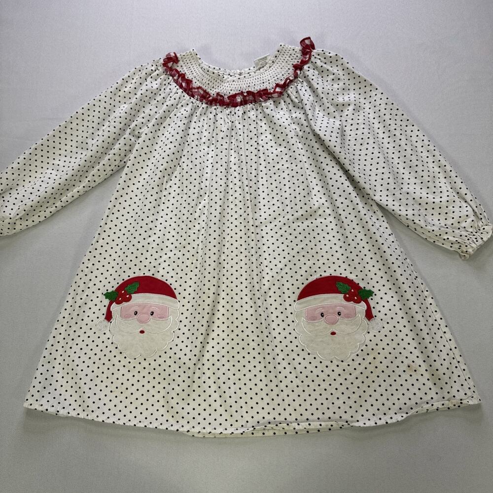Smocked Santa Claus Dress Red Trim Polka Dots Girls Size 7 Christmas Festive